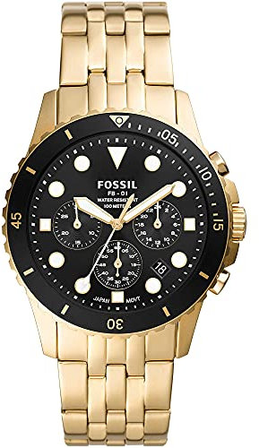 Fossil Watch for Men Fb-01 Chrono, Chronograph Movement, 42 mm Gold Stainless Steel Case with a Stainless Steel Strap, FS5836