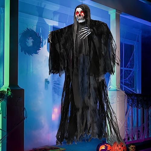 JOYIN 150 cm Halloween animierte hängende Sensenmann-Dekorationen mit leuchtenden Augen und gruseligem Sound, Halloween Skelett Geist Dekorationen für Spukhaus Requisiten Dekor,