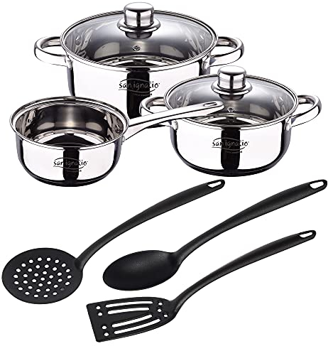 SAN IGNACIO Batteria 5 pezzi in acciaio inox: pentola Ø16 x 7,5 pentole di Ø18 x 8,5 e Ø20 x 9,5 cm, induzione + set 3 utensili da cucina in nylon