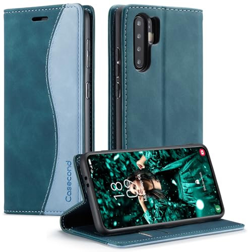 Casecond für Huawei P30 Pro Hülle Handyhülle Leder Flip Case Magnet Magnetisch Klappbar Kartenfach Klapphülle Wallet Lederhülle für Männer Frauen RFID Schutz Schutzhülle Blaugrün