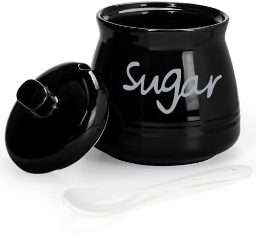Swetwiny Zuckerdose aus Porzellan mit Deckel und Löffel, 340 ml Keramik Zuckerdose Zuckerdose für Zuhause und Küche (schwarz)
