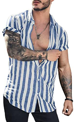 HanzhuoLG Men's Striped Cotton Linen Shirt Spring Summer New Casual Loose Lapel Linen Short Sleeve Cardigan Color3 XXL