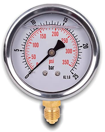 Dpm Tapes - Glycerin-Manometer 304G, radialer Anschluss unten G1/4, 63-mm-Zifferblatt, Doppelanzeige bar/psi, Klasse 1,6, IP65, 0-25 bar