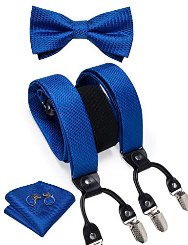DiBanGu Paisley-Fliege und Hosenträger für Herren, strapazierfähig, Clip-Hosenträger, verstellbar, elastisch, Y-Rückenteil, Königsblau 2, Einheitsgröße