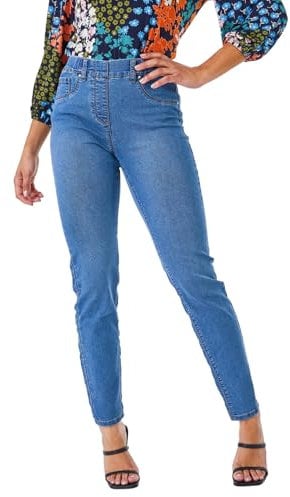 Roman Originals Jeggings for Women UK Jean Ladies Stretchy Trousers Denim Leggings High Waist Rise Pull On Skinny Straight Leg Cotton Pants Smart Casual - Petite Denim (28 inch) - Size 12