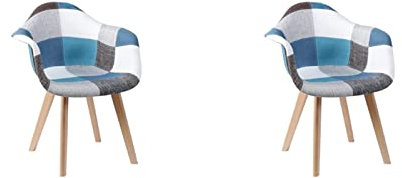 HJhomeheart Lot de 2 Chaises de Salle à Manger en Tissu Patchwork avec Accoudoirs, Fauteuil Design Moderne, Chaise de Cuisine Scandinave en Bois de Hêtre (Blu)