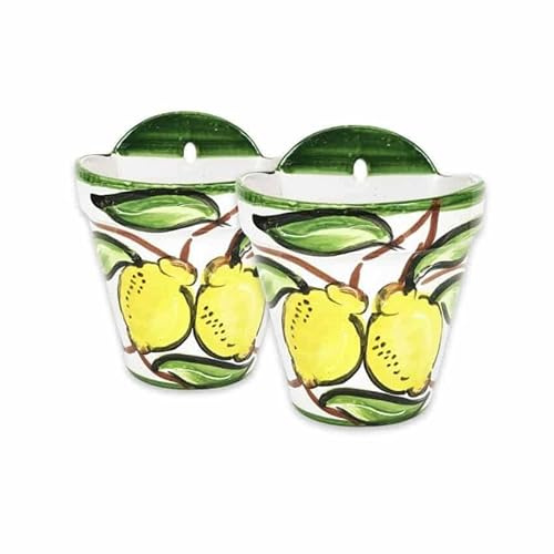 Verano Spanish Ceramics Outdoor Living Terracotta Hand Painted Fruit Lemons Hanging Pots - Decorative New Home Garden Yard Patio Décor Gardening Herb Flower Wall Plant Pots - Set of 2-22cm x 22cm
