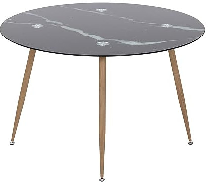 MOG CASA Mesa de Comedor Fija Redonda Corin | 120 x 120 x 75 cm | Ideal para Cocina o Salón | Ideal para 4 a 6 Personas | Tablero con Efecto Mármol Negro | Patas Metálicas en Imitación Madera