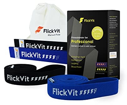 FlickVit Fitnessbänder 4er Set- Professional (4 & 5) inkl. Tragebeutel, Fitnessband Stoff, Klimmzugband, Widerstandsbänder Set, Widerstandsband, Gummiband Sport, Theraband Set