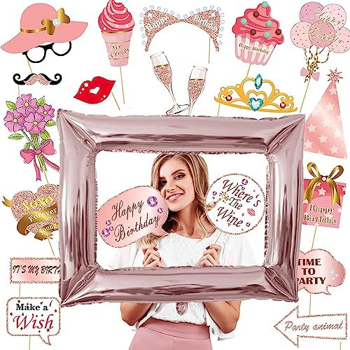 SJBAUTYO 34 pz Photo Booth Compleanno, Accessori , Oro Rosa Foto Props, Cornice Selfie Gonfiabile, Gadget,per Addobbi Donna