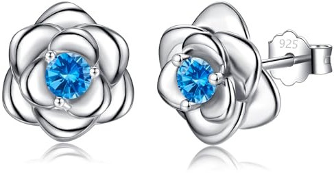 Silver Earrings for Women, Sterling Silver Stud Earrings Hypoallergenic Blue Cubic Zirconia Dainty Flower Rose Stud Earrings for Ladies Girls Birthday Christmas Jewellery Gifts