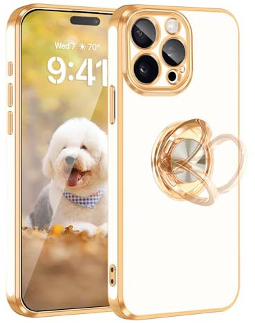 Fingic for iPhone 15 Pro Max Case[with 360°Rotatable Ring Holder Stand][Support Magnetic Car Mount][Shiny Plating Gold] Soft TPU Shockproof Protective Case for iPhone 15 Pro Max for Women Men,White