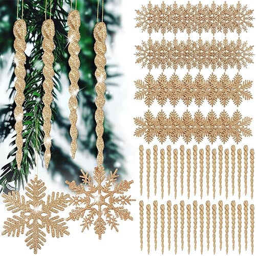 Deekin 72 Pieces Snowflake Icicle Ornaments for Christmas Tree Snowflake Twisted Icicles Glitter Hanging Decorations for Xmas Tree Winter New Year Party Supplies (Gold)