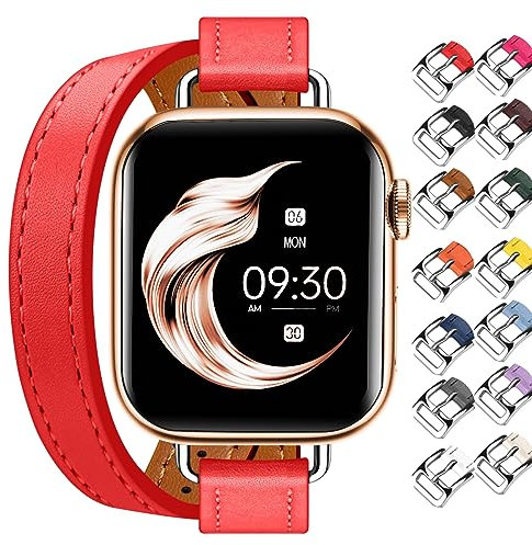 Juntan Double bracelet en cuir compatible avec Apple Watch 38 mm, 40 mm, 41 mm, 42 mm, 44 mm, 45 mm, fin bracelet de montre de rechange pour iWatch SE série 8 7 6 5 4 3 2 1, 42mm/44mm/45mm/49mm