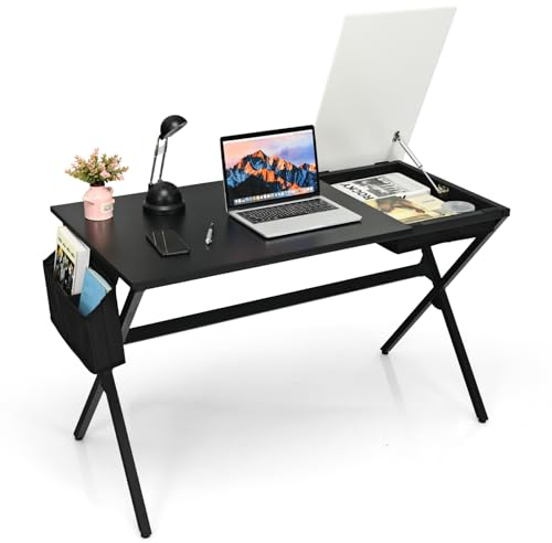 COSTWAY Schreibtisch mit Klappbarer Tischplatte, Computertisch mit Seitentasche & Metallrahmen, Arbeitstisch PC-Tisch modern aus Holz für Arbeitszimmer, Schlafzimmer, 120 x 60 x 73,5cm