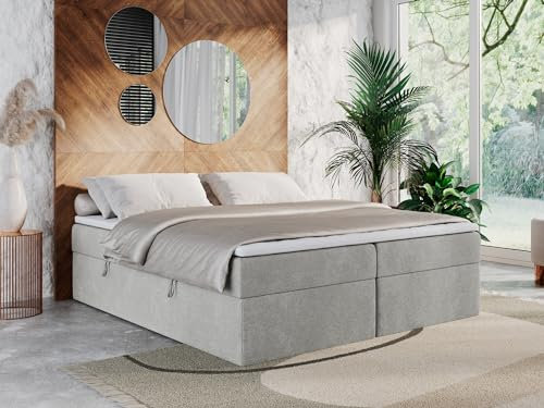 MKS MEBLE Boxspringbett 140x200 ohne Kopfteil mit Bettkasten, Bett 140x200 niedriges Kopfteil, Polsterbett 140x200 ohne Kopfteil - Basis - Hellgrau Struktur - H3
