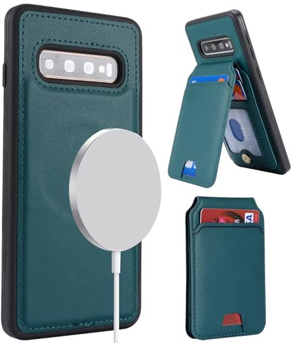 ELTEKER Hülle für Samsung Galaxy S10 Handyhülle mit Kartenfach Magsafe Wallet Magnetischer Kartenhalter mit Ständer,Klapphülle Leder Schutzhülle für Galaxy S10-dunkelgrün