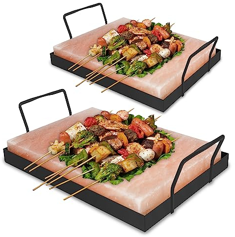 Fiqops 2x Salzstein zum Grillen XXL, 20x30x3cm Salz Grillsteine Mit Eisenplatte, Wiederverwendbar Salzgrillstein, Original Kristallsalz, Salzplatte zum Grillen für BBQ