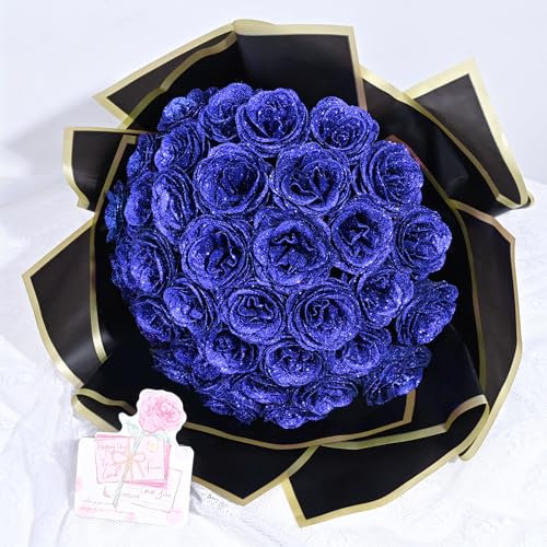 Waipfaru Glitzer-Rosenstrauß, DIY gefälschter Glitzer-Blumenstrauß, ewiger glänzender künstlicher blauer Rosenstrauß für Muttertagsgeschenke, Jahrestag, Verlobung, Hochzeit, 24 Rosen
