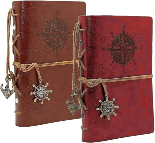 BetterJonny 2 Pack Leder Notizbuch A5, Retro Notizbuch aus Leder Vintage Spiralbindung Tagebuch Nachfüllbares Tagebuch Reisetagebuch Skizzenbuch für Männer und Damen, Rot und Braun