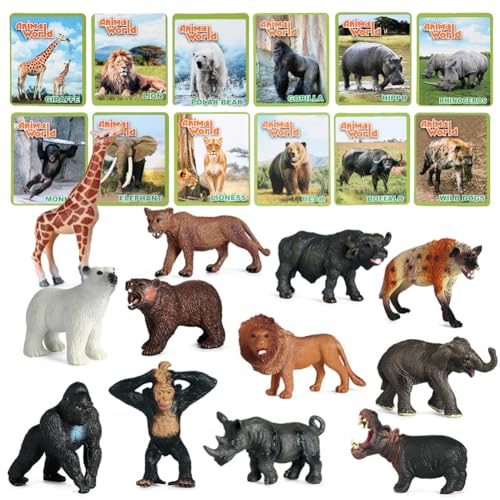 RANJIMA Waldtiere Figuren Set, 12pcs Safari Tiere Figur Spielzeug mit Flash-Karten, Realistische Mini Figuren Wald Tiere Figuren Miniatu, Lernspielzeug für Wissenschaftsprojekte Kuchenparty Dekoration