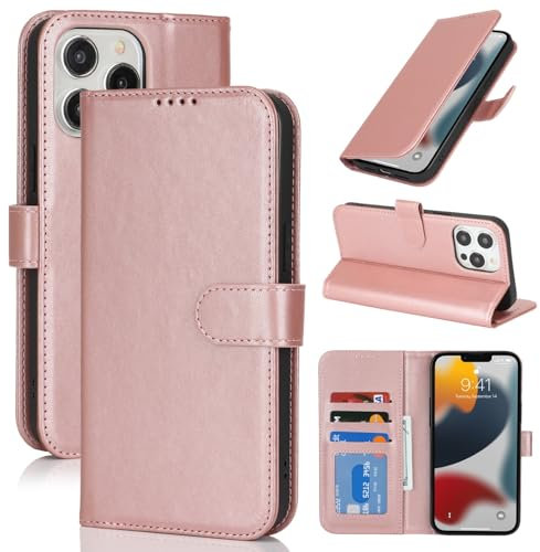 Zouzt Case for iPhone 13 Pro (6.1 Inch), Premium PU Leather Wallet Case with Credit Card Holder Slot Flip Folio Kickstand Shockproof Protective Phone Cover (Rose Gold)