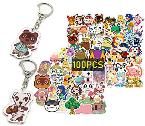 GTOTd Animal Acrossing Stickers Aufkleber (100 Stück Mit Keychain Dekor) Gifts Geschenke Cute Cartoon Vinyl Decals Party Supplies für Laptop Wohnzimmer Skateboard Graffiti
