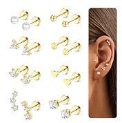 CASSIECA 8 Paar Ohrringe Gold Set, 316L Chirurgenstahl Ohrringe für Damen Herren Medizinische Ohrstecker und Creolen für Mehrfachpiercing 14K Vergoldet Helix Tragus Piercing Ohr Gold