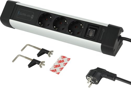 Electraline 62589 Steckdosenleiste Alu für den Schreibtisch 3-Fach + 1 USB C PD 65W, Kabel 2 m, Überspannungsschut, Mehrfachsteckdose/Tischsteckdose Steckerleiste