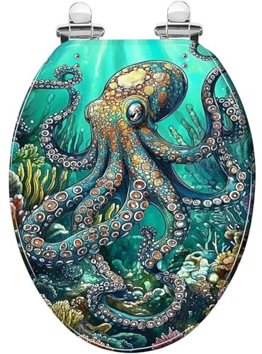 Elongated Toilet Seat Teal Blue Ocean Octopus Coral Reefs Art Resin Toilet Seat Easy to Install Quietly Close Quick Release Hinges Decorative Toilet Seat with Cover