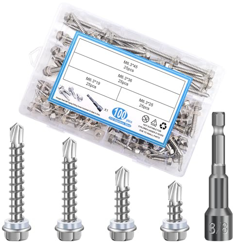 AMZSKU Lot de 101 vis auto-taraudeuses à tôle trapézoïdale 6,3 x 19 25 36 45 mm Vis à tête hexagonale avec rondelle d'étanchéité en acier inoxydable