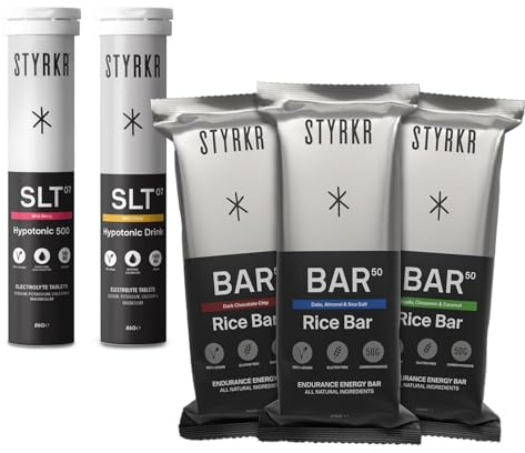 STYRKR Sample Taster Bundle - 3 x BAR 50 Rice Bars, 2 x Tubes of SLT Hypnotic Electrolyte Tablets (1 x 1000mg, 1 x 50mg) For Cycling & Running.