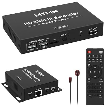 1080P HDMI KVM Extender Over Cat 6/7/8 Cable up to 492 ft, HD Digital Media Player for USB Drives, HDMI Extender with 3.5mm Audio & Loop Out, Support IR Remote, Support One to Many Connection
