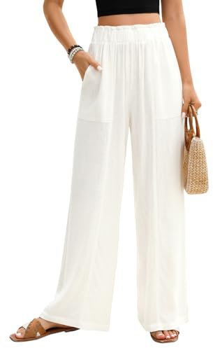 PASUDA Leinenhose Damen Sommer Hosen Leicht Weite Bein Palazzo Hose Elastisch Taille Dehnbar Elegante Sommerhose Lockere Geschnitten Luftige Strandhose Freizeithose mit Taschen (Weiß, L)