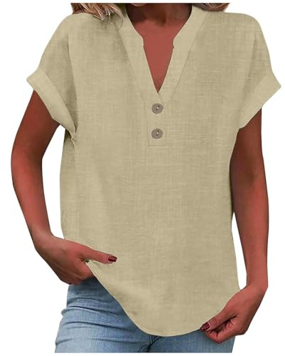 Yinguo Ladies Tops 2025 Women's Summer Cotton Linen Cap Sleeve T-Shirt Button V Neck Tunic Tops Fashion Baggy Solid Plain Casual Shirts Trendy Blouse