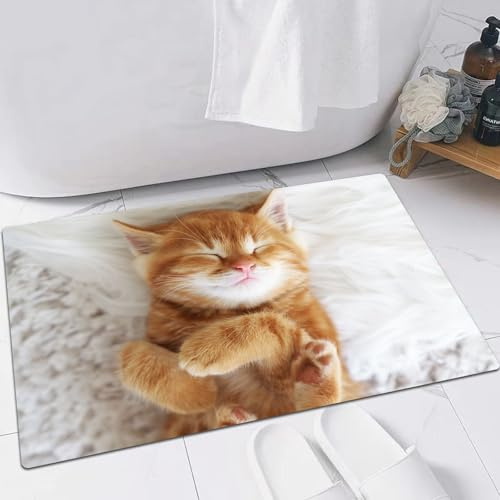 FSDGY Badvorleger Fußmatte Flauschig Teppich Badezimmerteppich Duschmatte für Bade & Wohnzimmer Schlafzimmer,süße Katze schlafen Kätzchen orange Haustier Tier weiß,60x90 cm