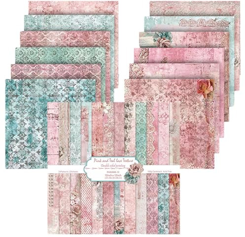 Scrapbook Papier Vintage Scrapbook Bastelpapier mit Blumen Muster, 24 Blatt Doppelseitiges Scrapbooking Papier Motivpapier, Frühling Dekorpapier Decoupage Papiere (Rosa, 30,5x30,5 cm/12x12 inch)
