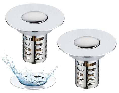 2pcs Abflusssieb Waschbecken, Pop Up 3 in 1 Abflussstopfen mit Sieb und Abnehmbarem Edelstahl Filterkorb Stöpsel Waschbecken, Waschbeckenstöpsel für 28–58 mm Waschbecken, Messing Kugelkern, Chrom