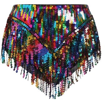 FYMNSI Pailletten Shorts Damen Rave Outfit Techno Glitzer Kurz Hose Hohe Taille Quaste Hotpants Musikfestival Festivals Tanz Party Glänzend Fasching Karneval Kostüm Bauchtanz Clubwear Bunt S