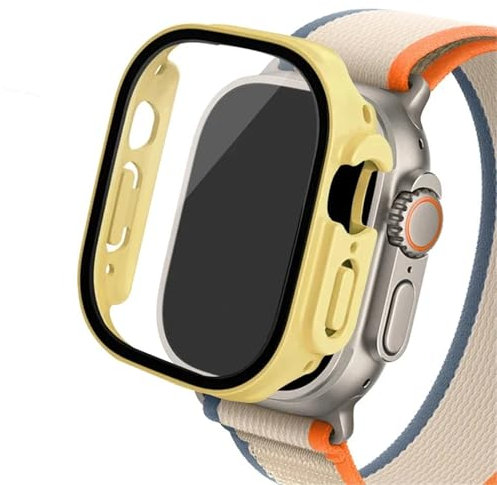 EZZON Boîtier en verre pour Apple Watch Ultra 2, 49mm, smar twatch PC, protecteur d'écran pare-chocs, couverture trempée, accessoires de bande série iwatch(Yellow 16,Ultra 49mm)