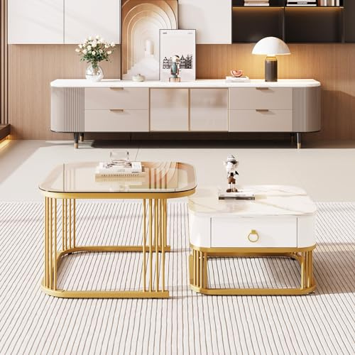 REXO Mesa de centro apilable: aspecto de mármol brillante y tapa de cristal, patas negras, mesa auxiliar con cajones en juego de 2 (blanco)