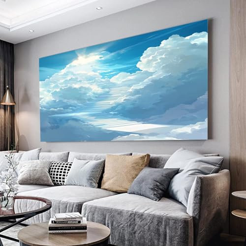 ZORYAN Himmel Mit Weißen Wolken Wandbilder Dekoration Wohnzimmer Leinwand Bilder 60x120cm Blau Leinwandbild Schlafzimmer Deko, Wandbilder, Groß Kunstdruck Art Wanddeko Bild Decor Canvas