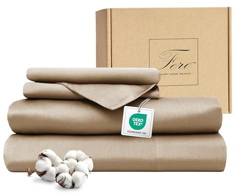 Ferò Completo Letto, Completo Lenzuola Matrimoniali Cotone di Lusso 4 Pezzi, Proteine della Seta, Lenzuolo Angoli 180x200, 2 Federe 50x80, Design Italiano, Raso di Cotone 300TC OekoTex, Marron Glacé