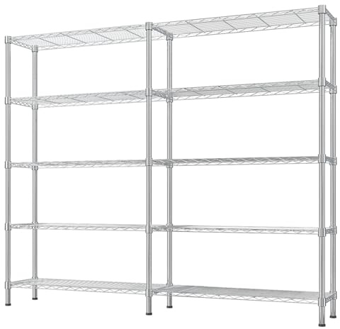 Bonnlo 5-Tier Heavy Duty Metal Shelving Unit - Adjustable Dual-Row Storage Rack, Shelves for Kitchen, Pantry, Garage, Living Room, Greenhouse & Display, 650kg Capacity, 147x35x180cm, Sliver
