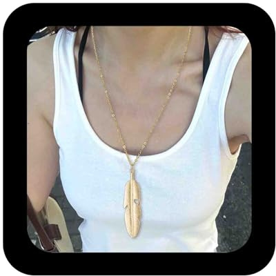 Enautoabs Boho Lange Feder Anhänger Halskette Gold Blatt Tropfen Halskette Vintage Lange Halsketten Feder Kette Halskette Pullover Halsketten Schmuck Für Frauen