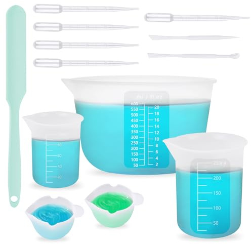 Yurifaz 5Pcs Silicone Measuring Cups, Non-Stick 600ml 250ml 100ml Resin Mixing Cups with 3Pcs Stir Sticks, 2Pcs Dispense Cup, 5Pcs 3ml Dripper for Epoxy Resin Mixing, Molds, Jewelry Making