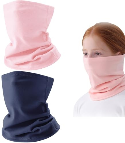Kids Winter Fleece Snood Neck Warmer – Soft Micro Fleece Windproof Gaiter for Boys and Girls, Stretchy Outdoor Neck Tube for Skiing, Running, Cycling & Cold Weather, 2 Pack, Grey & Black