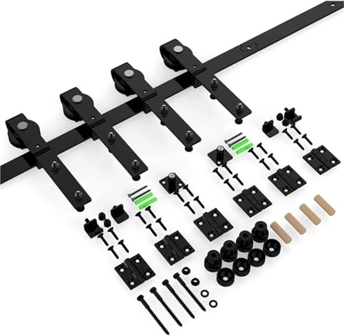 Kit de quincaillerie pour porte de grange, Kit de quincaillerie for porte coulissante pliante double 183 cm (6,6 pieds), convient for 4 portes, coulissement fluide, silencieux, rail noir en forme J