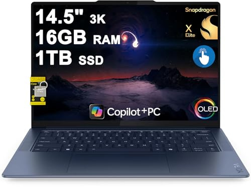 Lenovo Yoga Slim 7 Laptop 14.5 3K OLED Touch (100% DCI-P3 1000nits HDR Peak) Qualcomm 12-core Snapdragon X Elite (Up to 45 Tops) 16GB RAM 1TB SSD for Designer Business Work Win11 ICP Hub Copilot AI