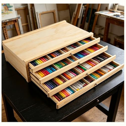 4 Schublade Holz Künstler Supply Aufbewahrungsbox für Pinsel, Tragbar Schubladenbox Holz Schublade Malkoffer Leer Stifte Organizer 40x25x11,5 cm-Für Pastellstifte, Bleistifte, Stifte, Marker, Pinsel